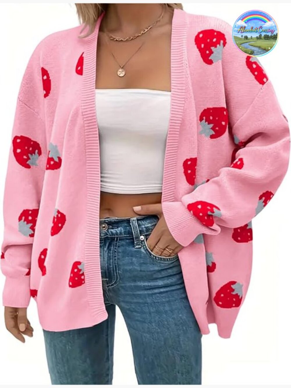 Plus Size Strawberry Floral Cardigan Sweater - 100% Acrylic Knit Open Front